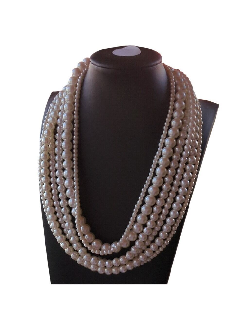 White Multi-Strand Necklace with Pearly Beads and Metallic Chain